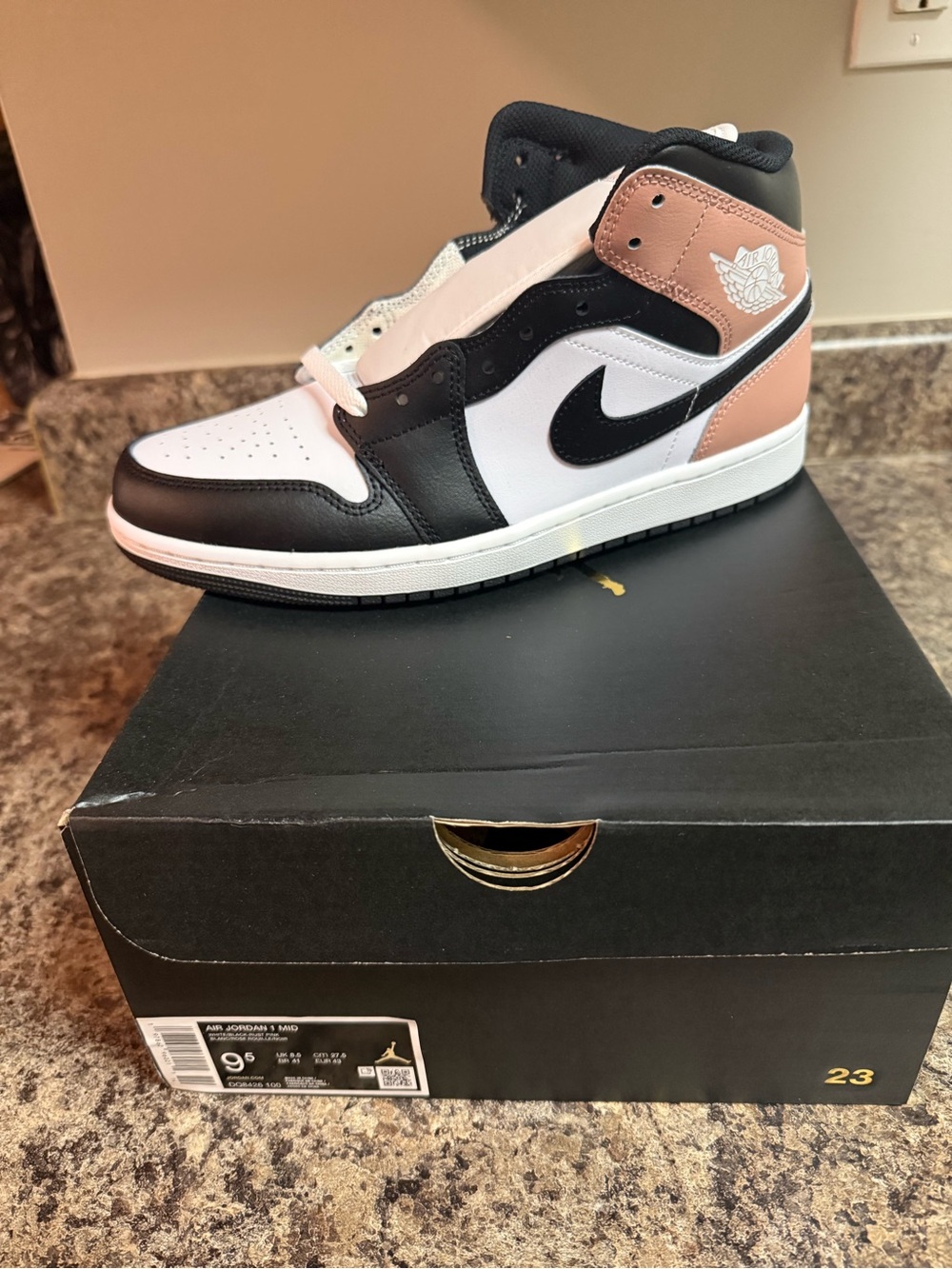 Air Jordan 1 Mid Sneakers in Black, White & Rose